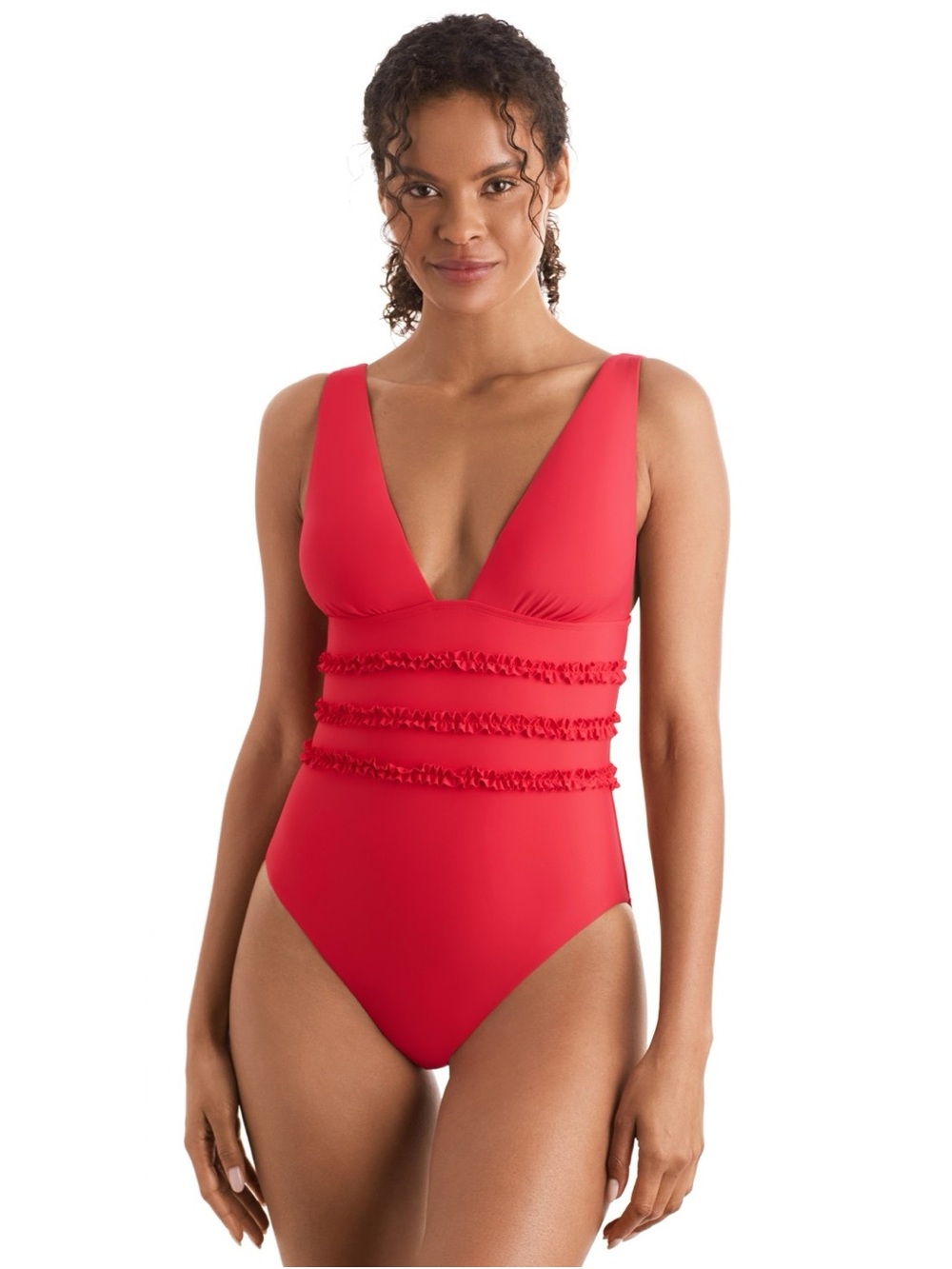 Mimi Flamingo women’s Sonny Ruffled Waist One-Piece Swimsuit - Punch. R9B